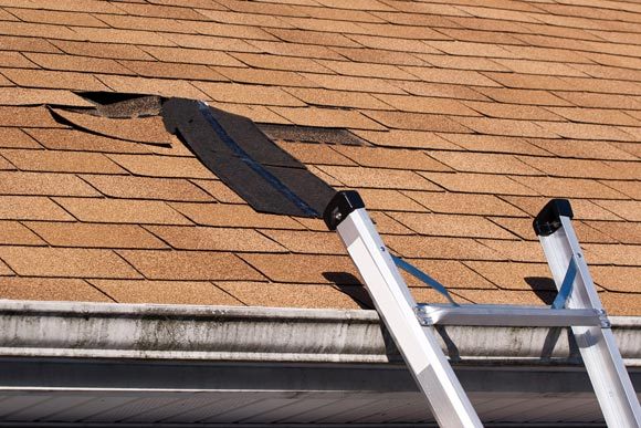 a ladder on the side of a broken roof getting fixed by a Roofer in Colorado Springs, Woodland Park, Pueblo, Fountain, Monument, CO