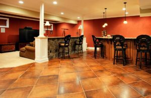 Family room and bar in basement remodel